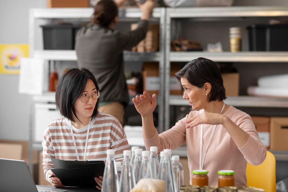 volunteers-talking-about-donations-charity